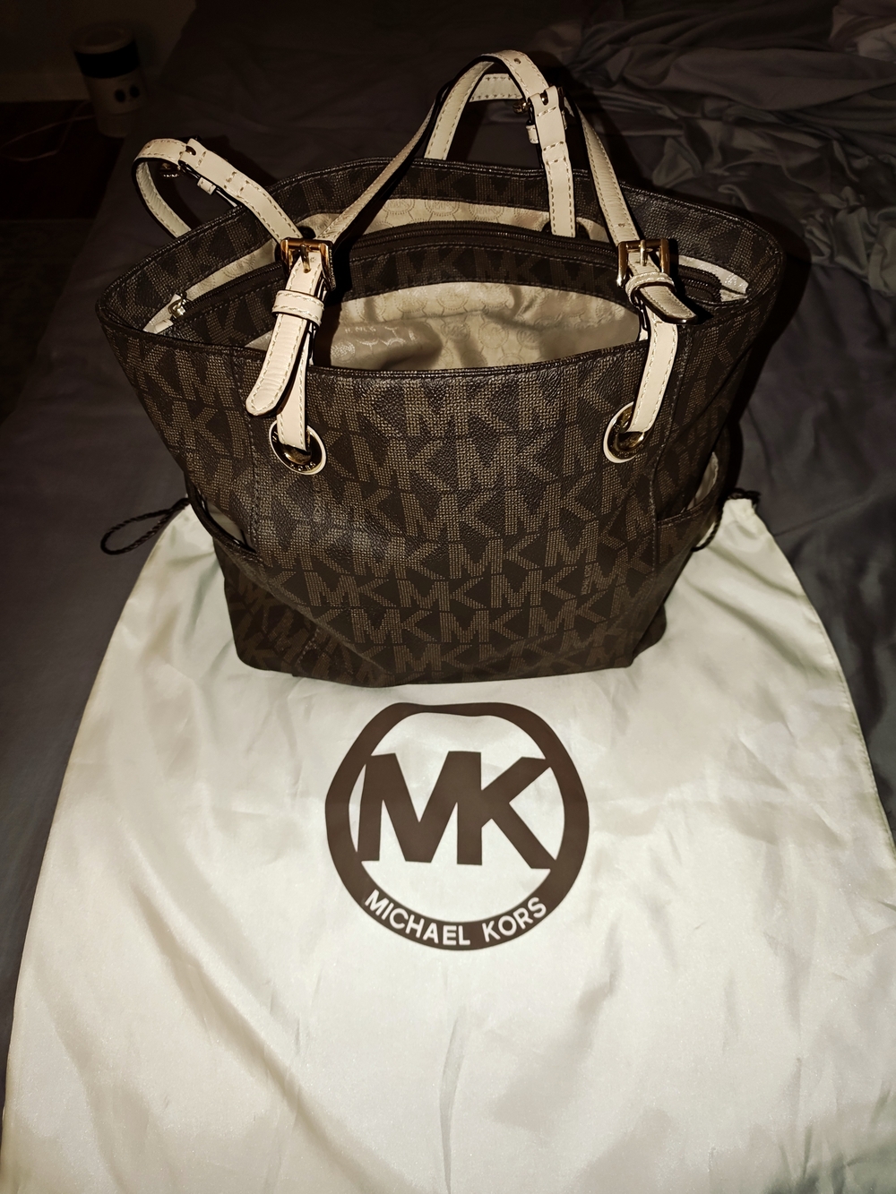 Michael Kors Brown MK Logo Tote with Cream Straps